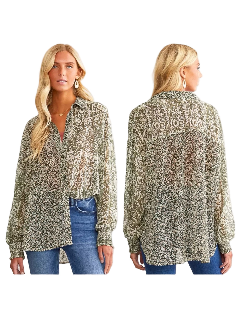 🎒ACOA Sheer Floral Button-Down Blouse - Olive cream size M GUC